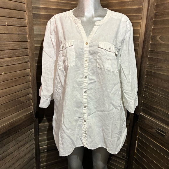 Avenue Linen/Cotton White Button-Up Tunic Shirt Preppy Business Minimalist Sz 26 - Picture 3 of 11